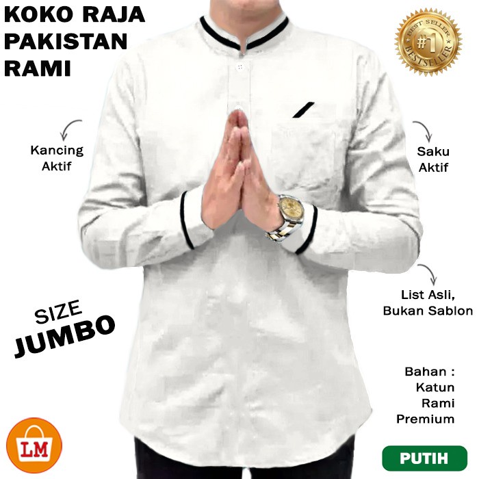 27751 Baju Pria Lengan Panjang KOKO RAJA PAKISTAN RAMI Size JUMBO - Putih, M