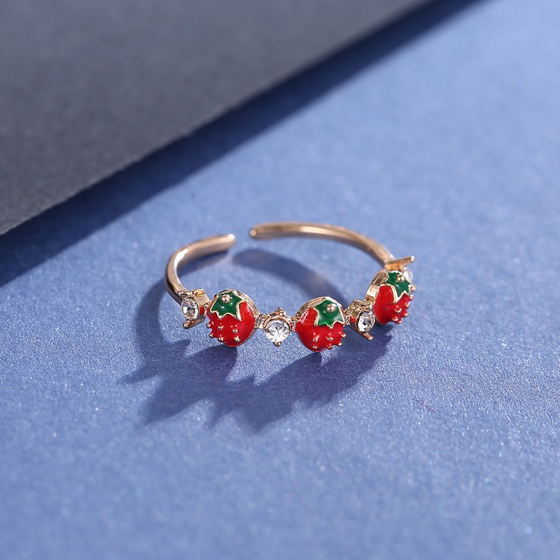 Cincin Model Terbuka Desain Strawberry Hias Berlian Untuk Wanita