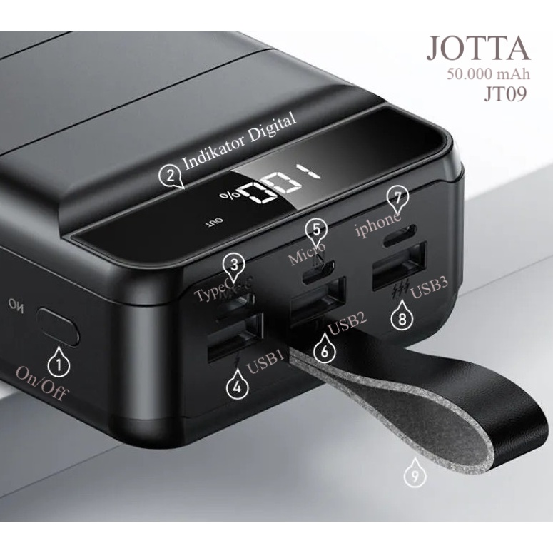 Powerbank JOTTA JT09 kapasitas 50.000 mah original fast charging garansi 1 tahun.