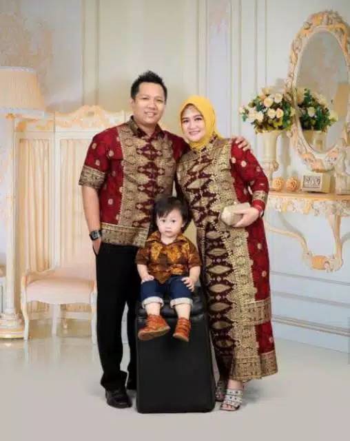 setelan couple batik songket palembang maron gold