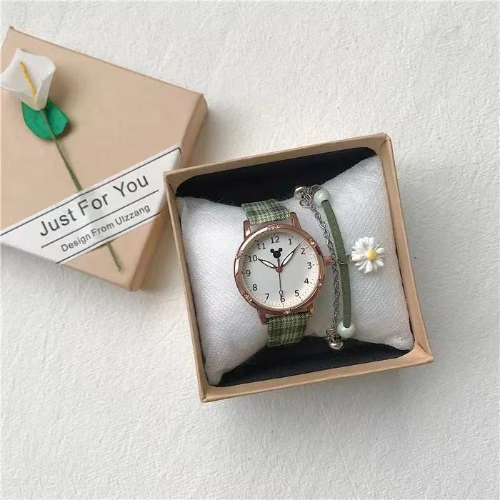 Jam Tangan Analog Wanita Strap Pu Kotak-Kotak Motif Mickey Gaya Korea Fashion Import-41-3 Coklat Muda