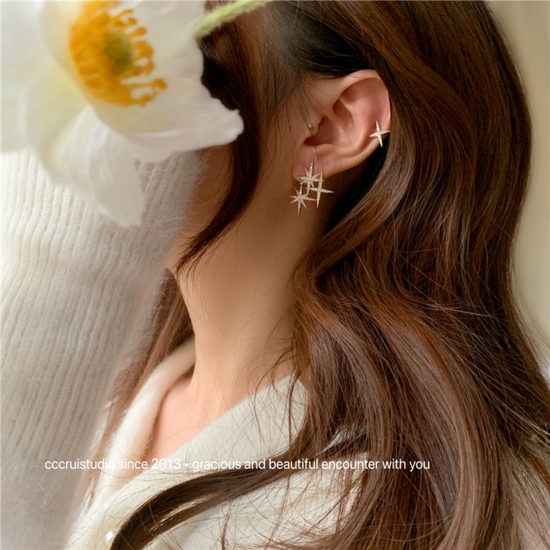 Anting Bintang crossover Rumbai Rantai Berlian Imitasi Asimetris lady Korea