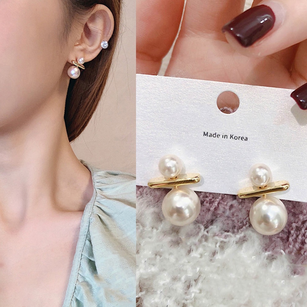 1 Pasang Anting Stud Hias Mutiara Ganda Gaya Perancis Untuk Wanita