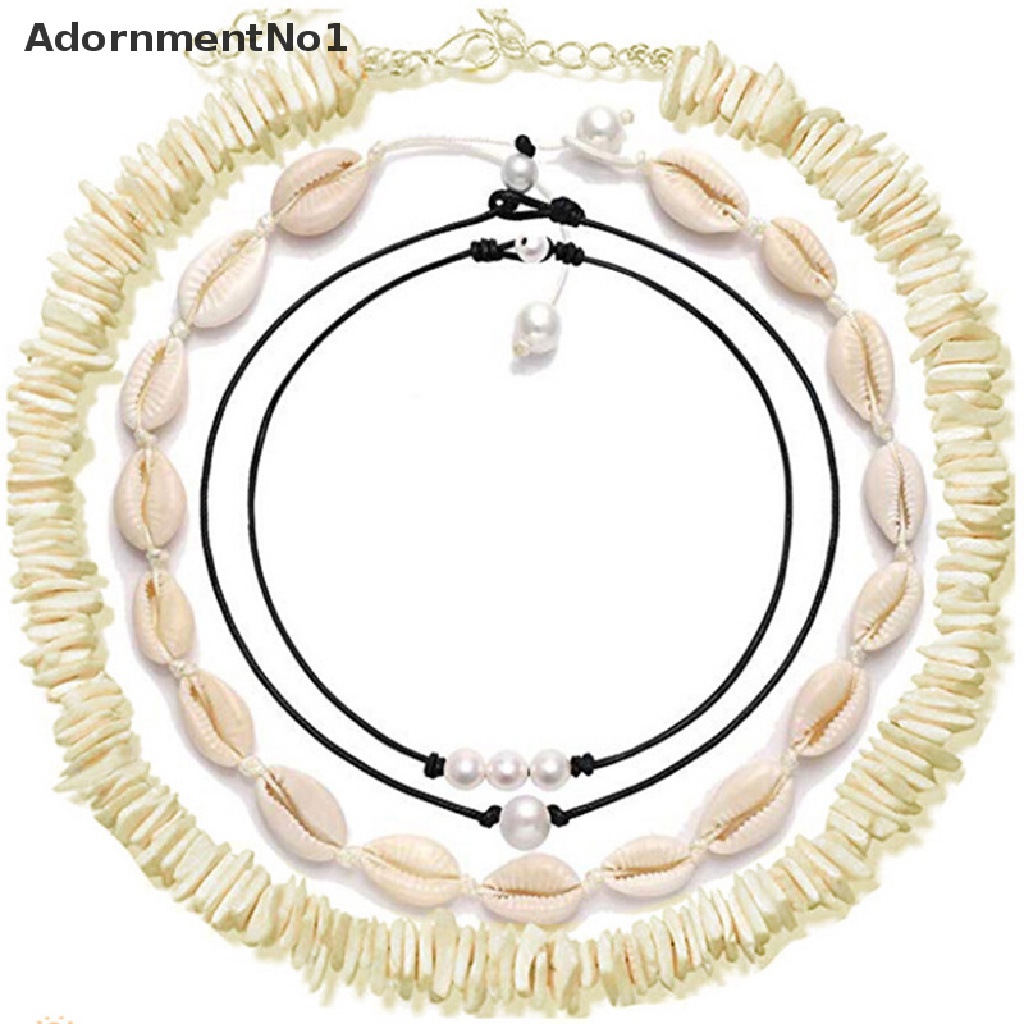 (AdornmentNo1) 4 Pcs / Set Kalung Choker + Anting Tusuk + Gelang Tangan + Mutiara + Kerang Laut Bohemian Untuk Wanita / Pantai