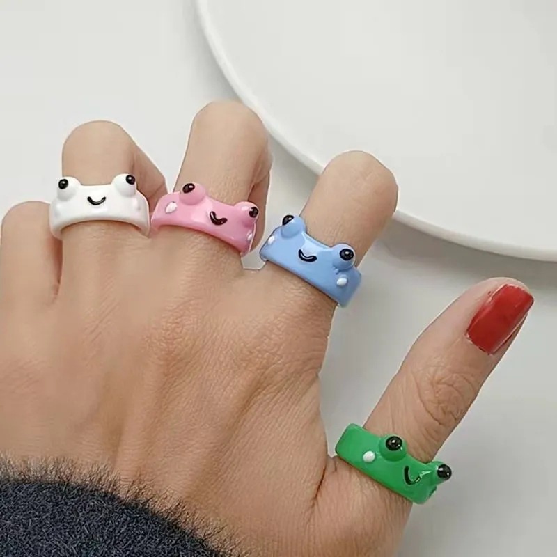 Cincin Kodok, Hadiah Hari Valentine Untuk Pacar, Cincin Sederhana Kartun Tunggal, Perhiasan Cincin Mahasiswa Lucu Pasangan