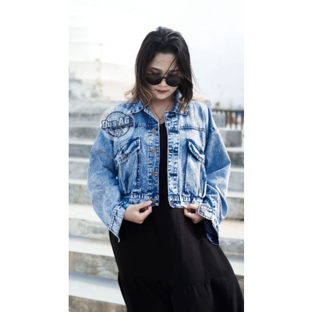 JAKET JEANS CROP GIRLS REPUBLIC/JAKET JEANS WANITA/JAKET OVERSIZE/Jaket Crop Big Cargo Model Terbaru