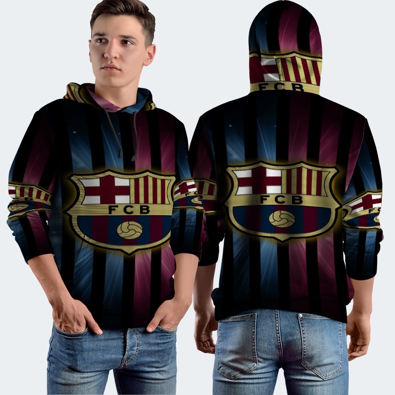 Jaket Hoodie Fullprint Barcelona FC Bahan Polyester Jersey