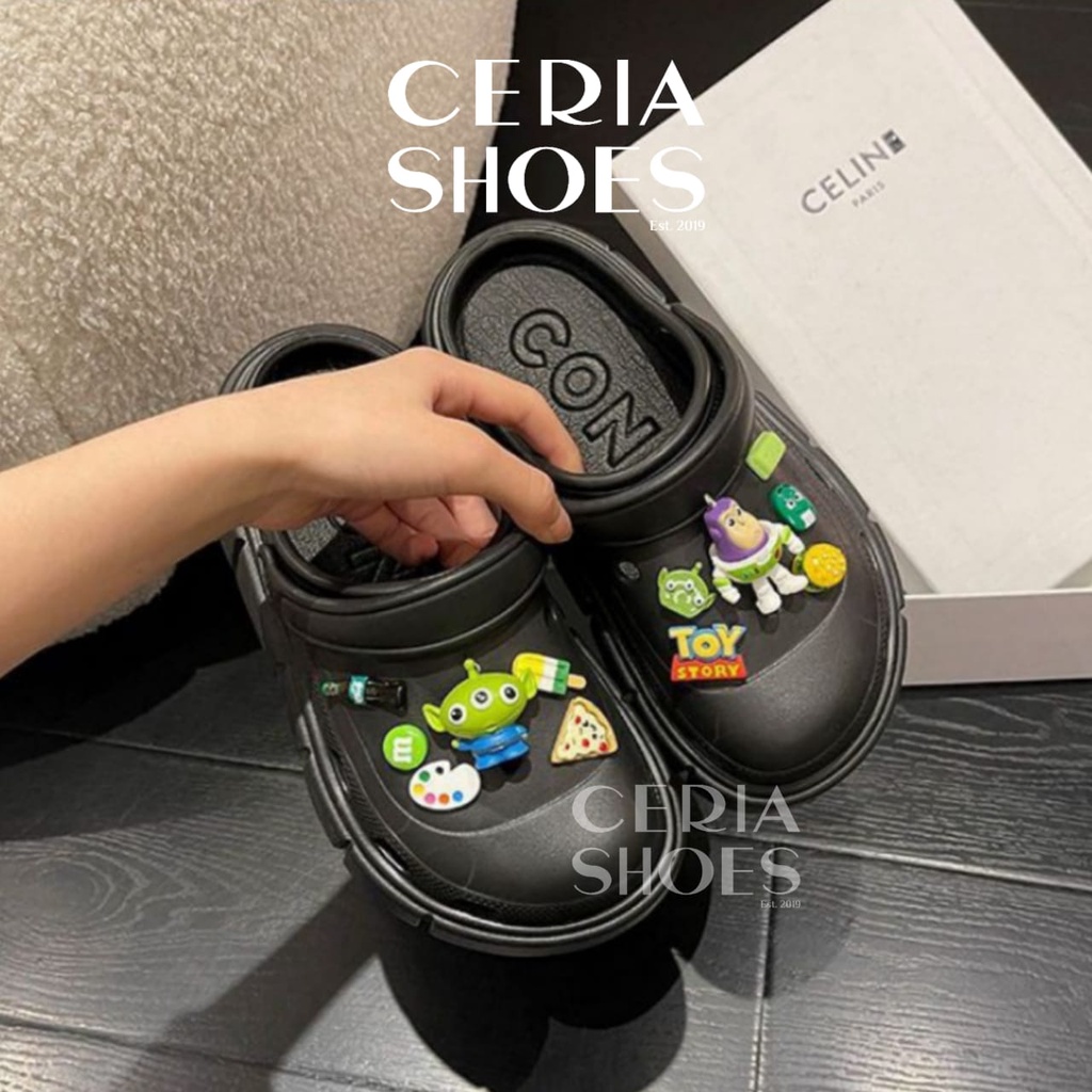 EVA Sandal Slop Clog Wanita 3D Toy Story Jibbitz Bangkok Import Spons Rubber Tebal Tinggi Karet Ringan Super Empuk Anti Slip Wedges Slides include Summer Sandals