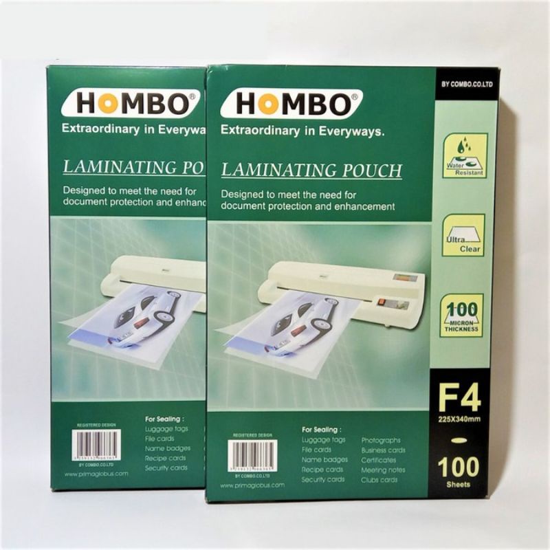 

Plastik laminating HOMBO ukuran F4 dan ukuran A4 untuk melapis, melindungi, melaminasi photo, menu, sertifikat, document dll