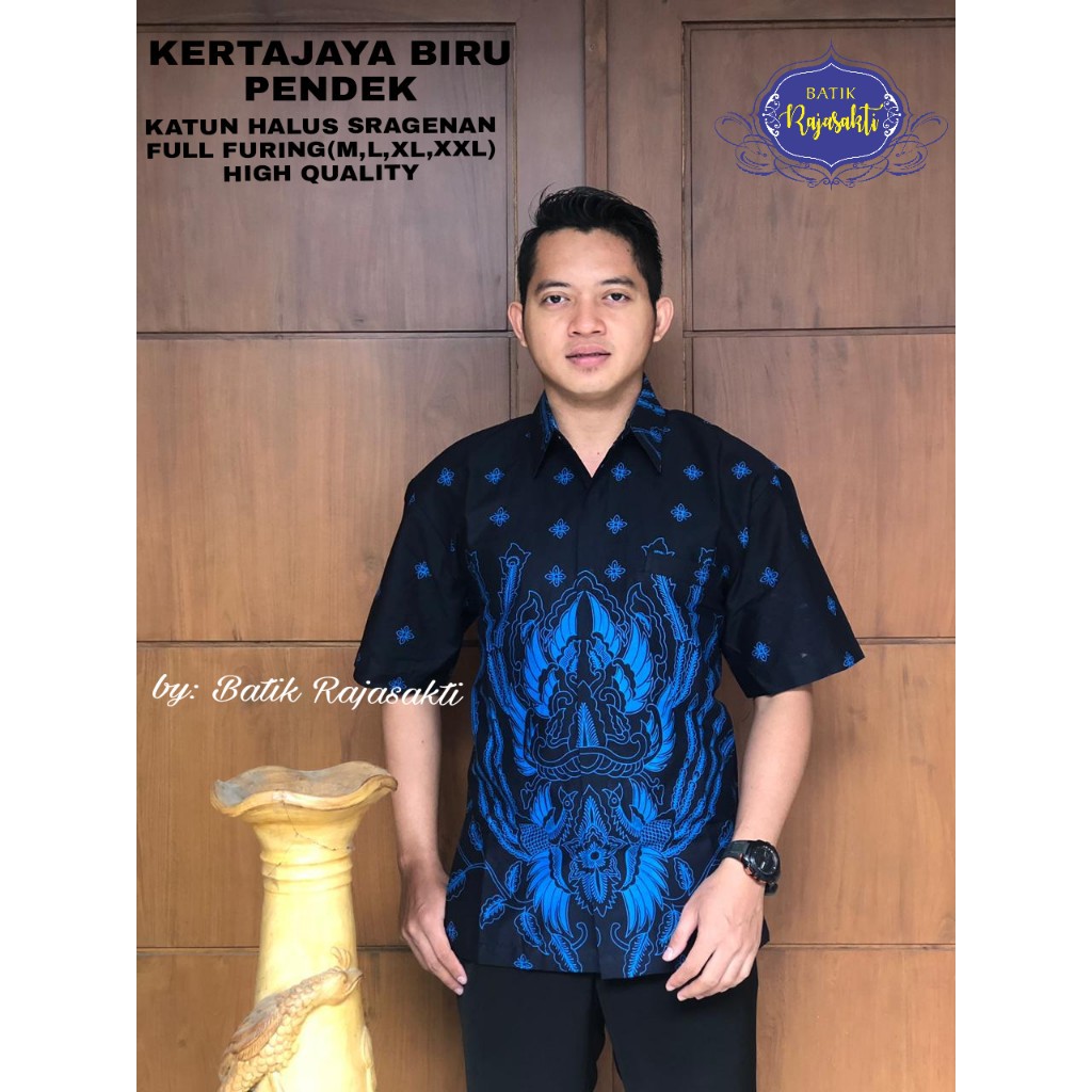 KERTAJAYA BIRU PENDEK Kemeja Batik Pria Lengan Pendek Katun Halus FULL FURING Rajasakti