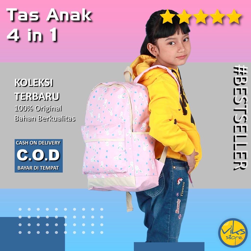 Tas Sekolah Anak Perempuan Cewek Tas Punggung | Tas Ransel | Backpack Premium 4In1 Pink Lucu Simple