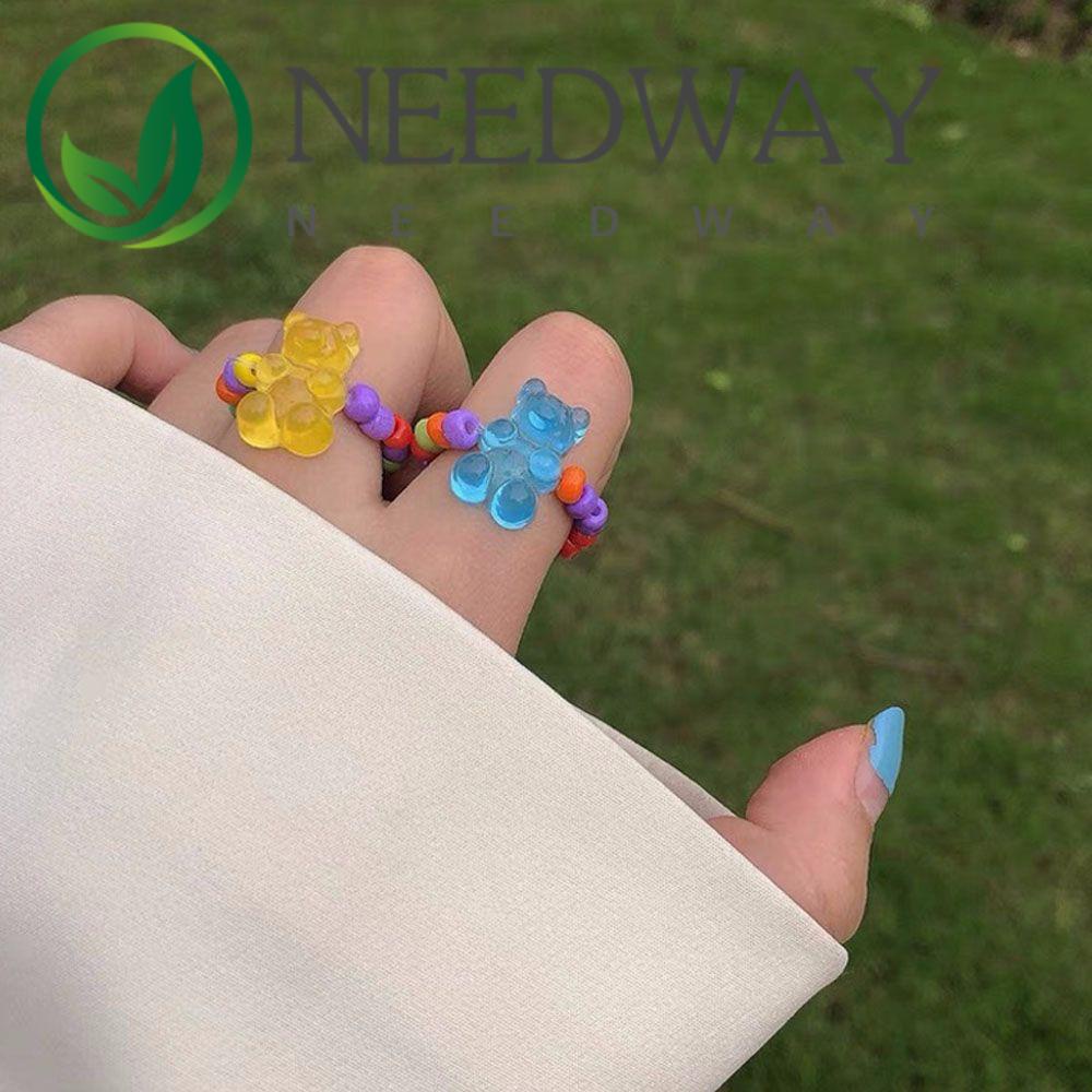 Needway  Women Girls Bead Rings Korean Fashion Jewelry Finger Ring Elastic Kpop Elegant Sweet Summer Geometric Bear/Multicolor