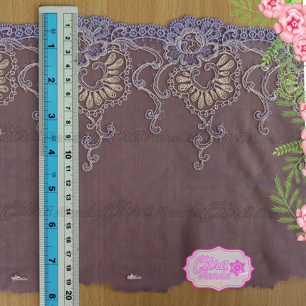 (Per Meter) RDT212 Renda Bordir Tile Ungu Cantik Lebar 20Cm