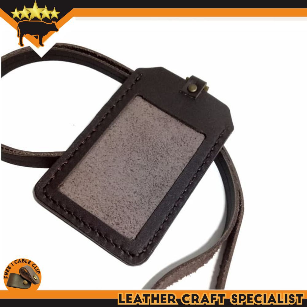 

GENUINE LEATHER CARD HOLDER, ID CARD CASE HANDMADE DARK BROWN PROMO FREE CABLE CLIP