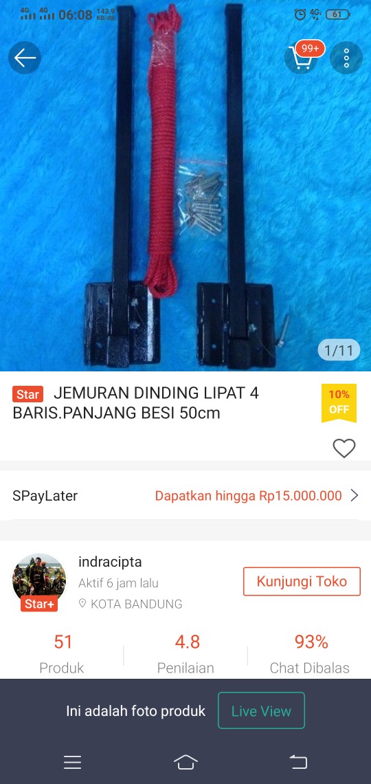 Jemuran Dinding Lipat 4 Baris.panjang Besi 50cm