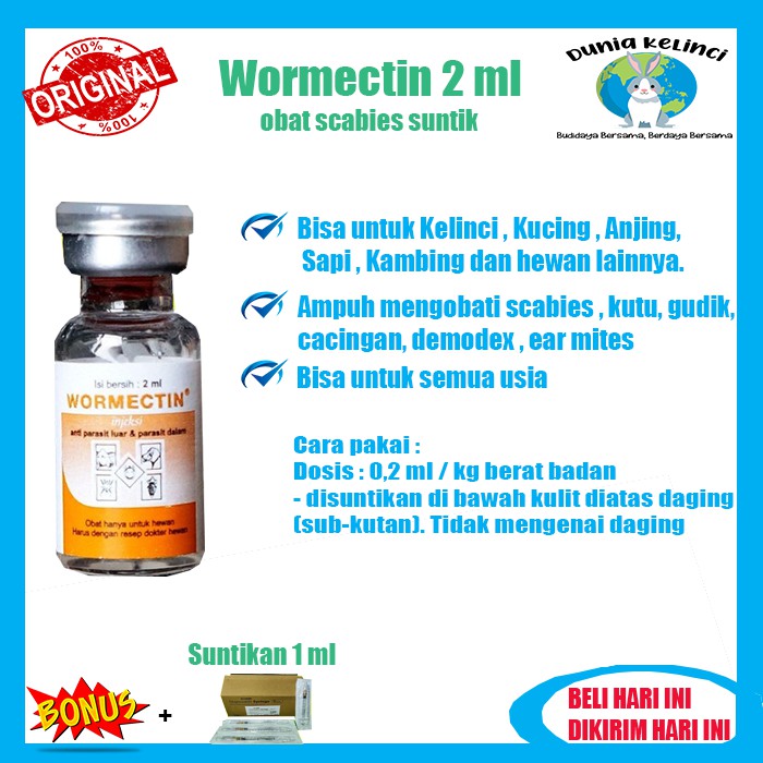 WORMECTIN 2 ML OBAT SCABIES GUDIK JAMUR PARASIT CACING KELINCI KUCING ANJING HAMSTER SAPI HEWAN