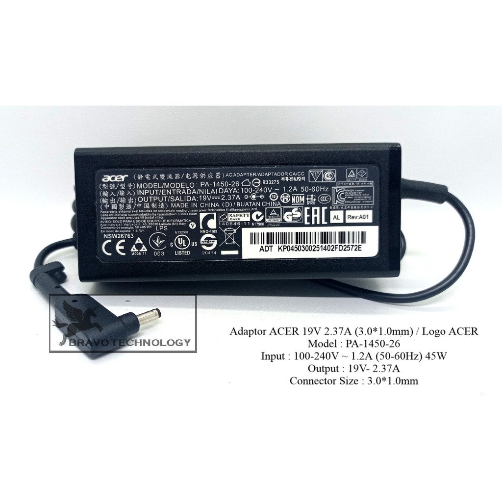 ACER Adapter Charger Laptop Chromebook 13 C810 CB5-311 CB5-311P 19V 2.37A 45W 3.0*1.0mm