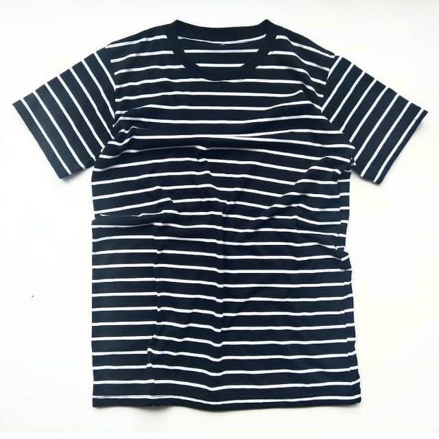 Kaos Stripe Dominan Hitam, Medium Hitam, Cotton Premium