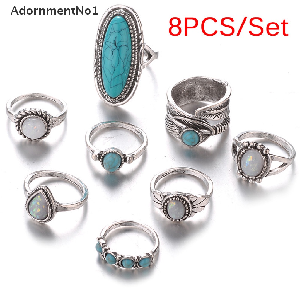 (AdornmentNo1) 8pcs / Set Cincin Silver Gaya Bohemian Aksen Batu Opal Turquoise Untuk Perhiasan Wanita