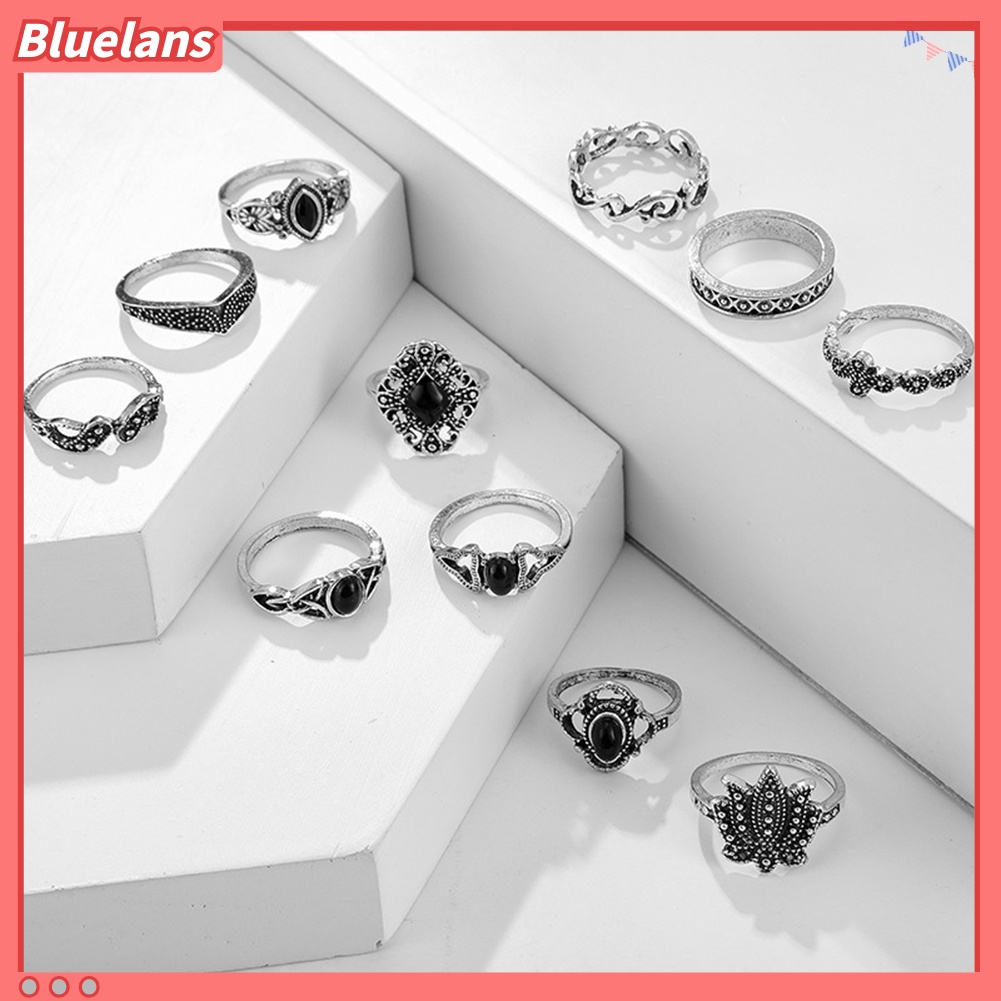 Bluelans 11Pcs / Set Cincin Motif Ukiran Bunga Teratai / Tetesan Air Aksen Hollow + Batu Permata Imitasi Untuk Wanita