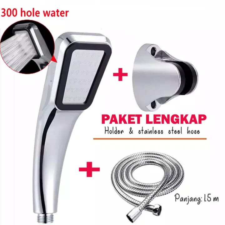 Shower Kepala Mandi Paket 300 Lubang Tekanan Tinggi Pancuran Aerator Head Filter Selang Rumah Salon - SHOWER KAMAR MANDI - Kepala Shower dengan Lengan Shower - shower mandi asli stalis - Kepala Pancuran Mandi Kamar Penghemat Air