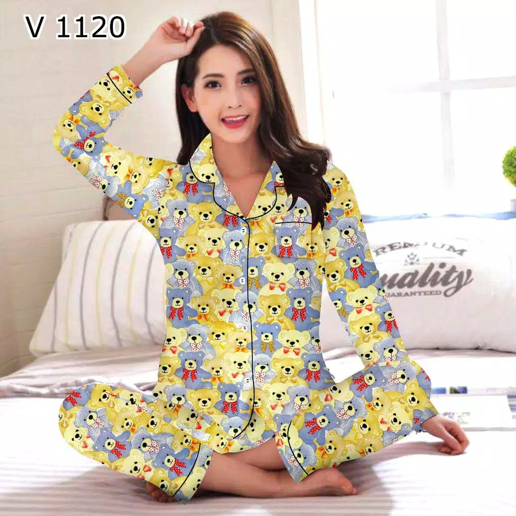 JNV Piyama PP Wanita Motif Karakter Kartun 02 - Baju Tidur Lengan Panjang - Bahan Katun-Mini Bear Ungu