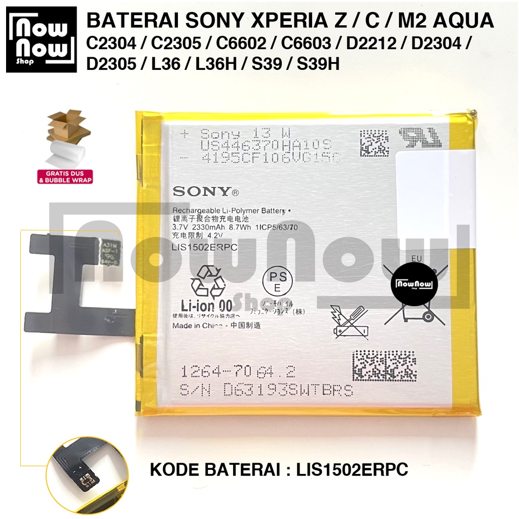 Baterai Sony Xperia Z / C / M2 AQUA / C2304 / C2305 / C6602 / C6603 / D2212 / D2304 / D2305 / L36 / L36H / S39 / S39H LIS1502ERPC 1ICP5/63/70 Batre Batrai Battery HP