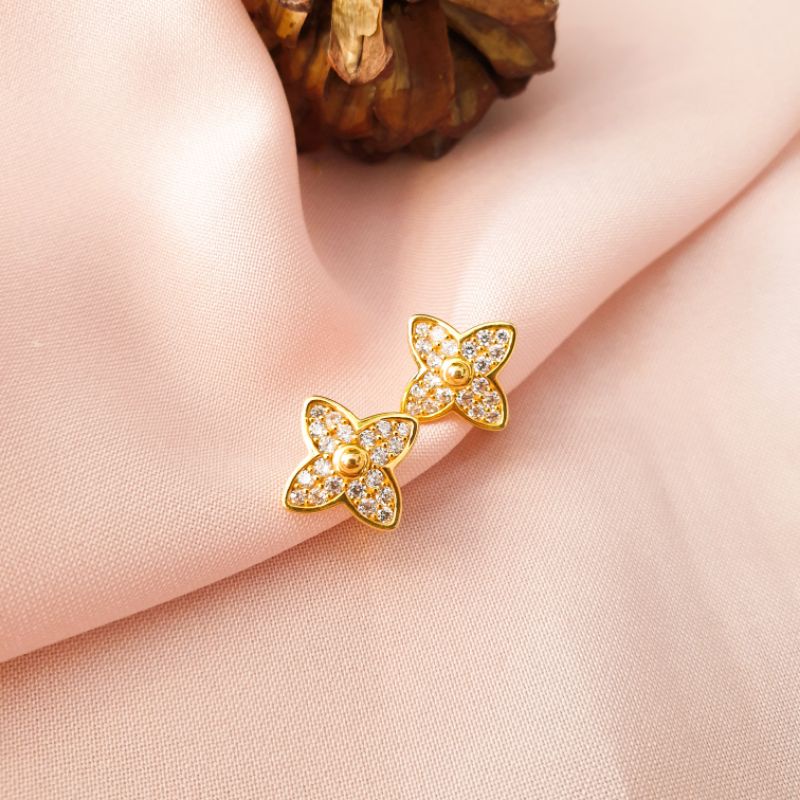 Anting klip / jepit bunga permata full emas asli kadar 375
