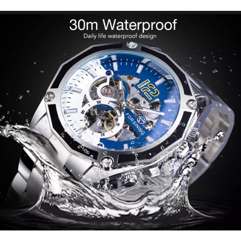 Jam Tangan Pria Original Otomatis Mekanik Forsining Sporty Bisnis Silver Blue