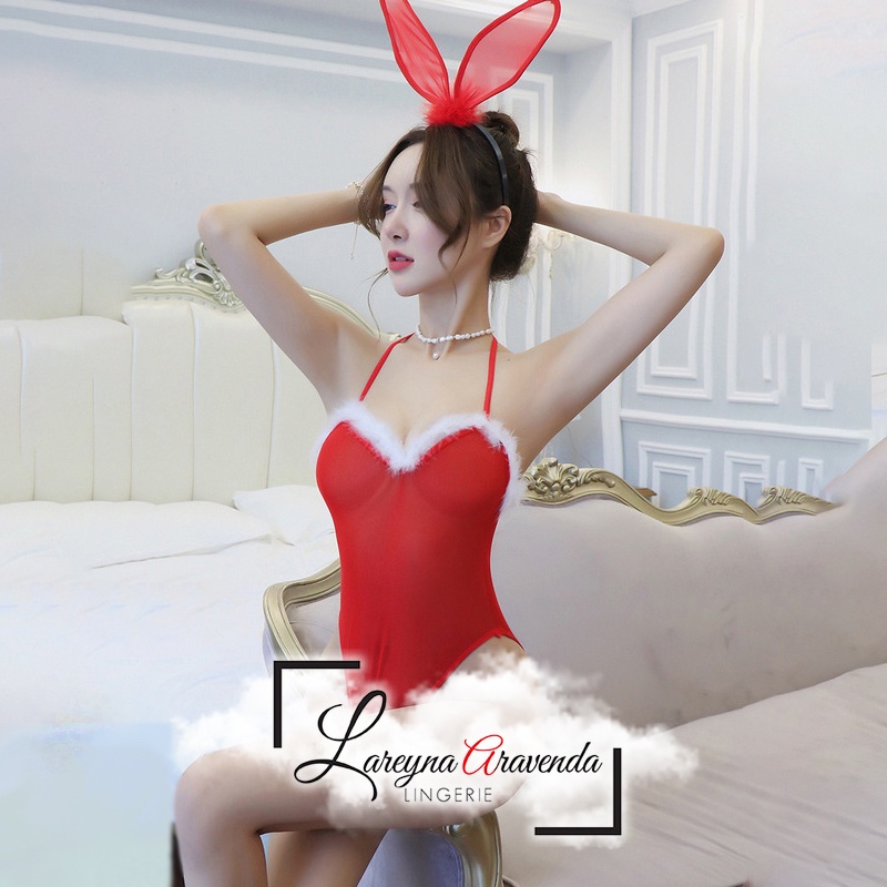 Set Lingerie + Bando Seksi Model Costume Red Bunny LG414