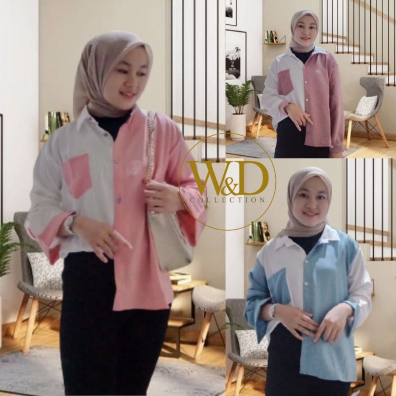 Kemeja Wanita Polos Casual Blouse Basic Kombinasi Warna Lengan Panjang Kekinian  Moscrepe