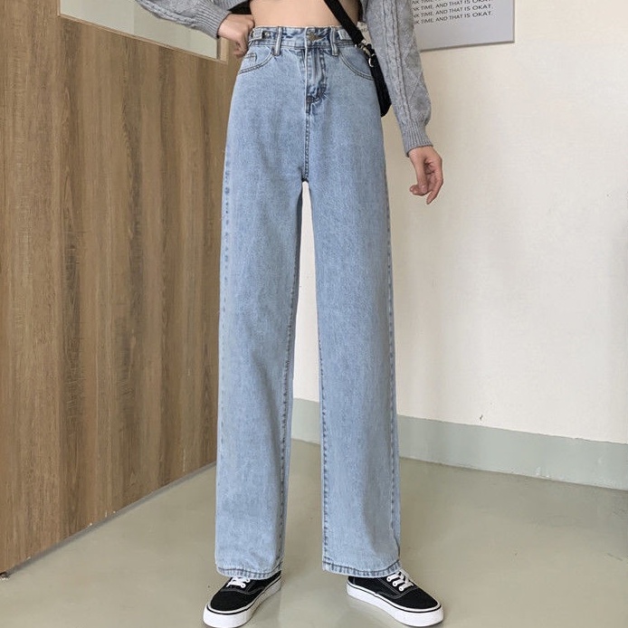 new biru muda straight button celana jeans high waist wanita kulot