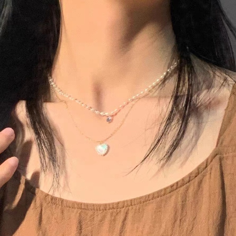 Kalung Rantai Klavikula Mutiara double layer Desain Hati Untuk Wanita