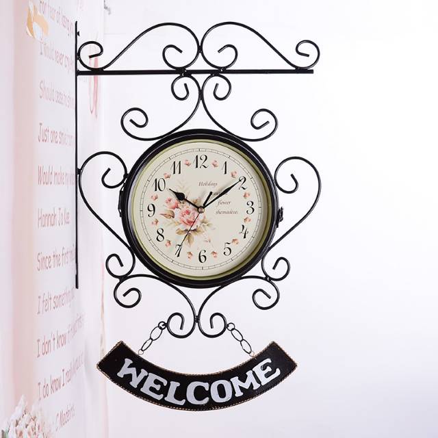 Jam gantung shabby vintage 2 sisi model welcome hitam