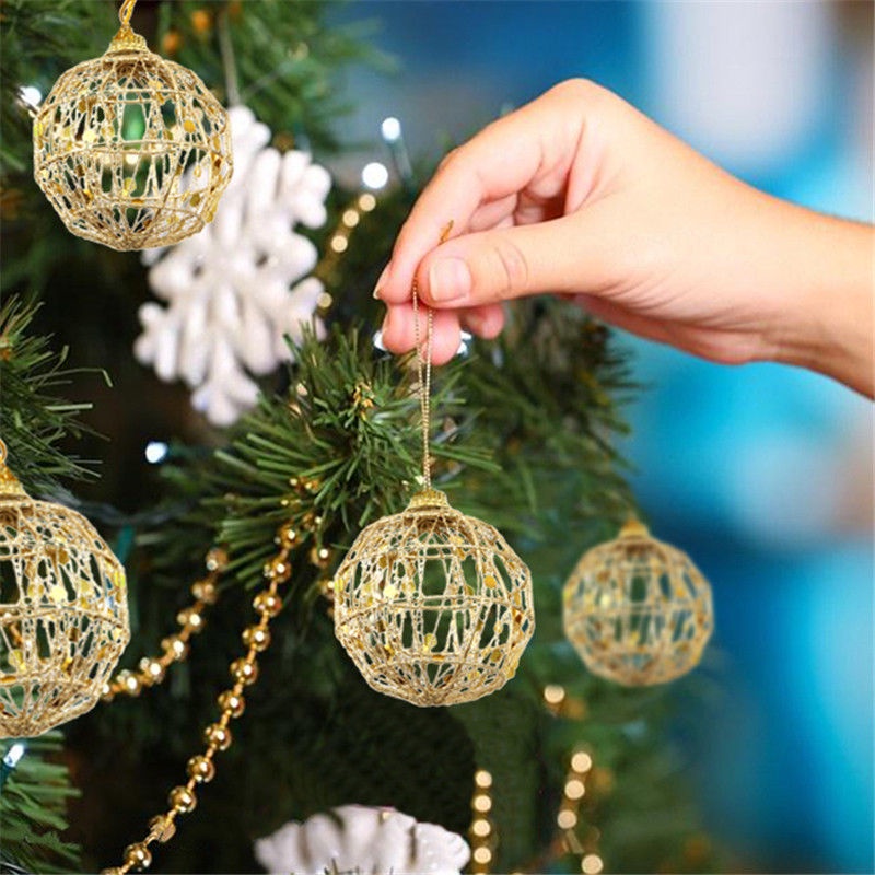 [Christmas Products] 6 Pcs Gold Round Shaped Hollow Ball Christmas Tree Pendant