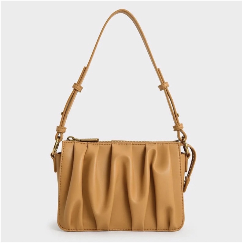 C Ruched Beaded Handle Shoulder Bag