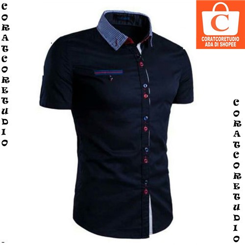 M L XL - Kemeja Pria Polos Lengan Pendek Saku Kerah Kancing Ganda PUTIH BIRU MERAH - CORATCORETUDIO