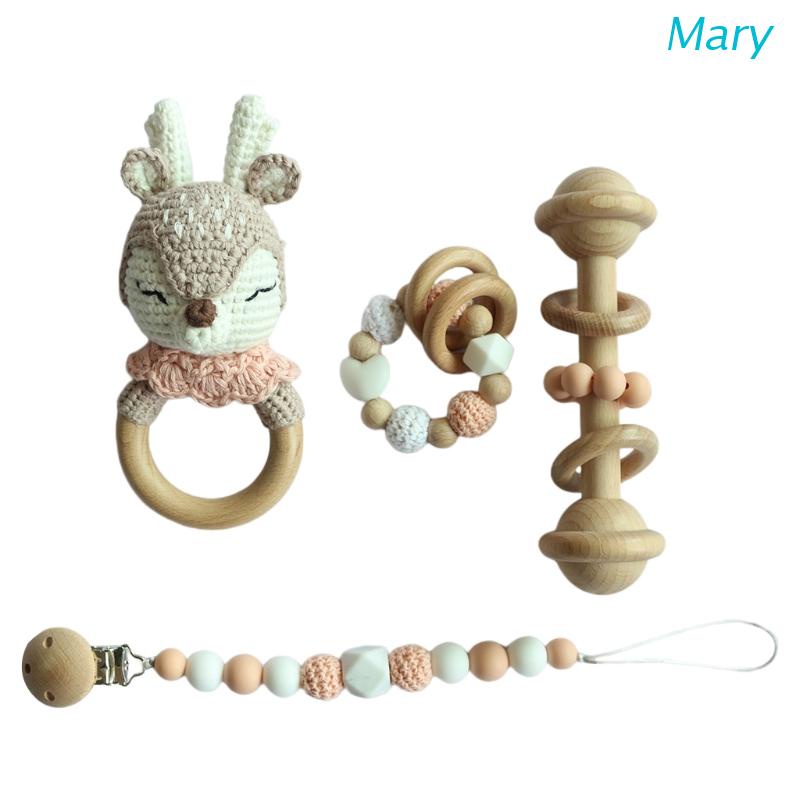 Mary 4pcs / Set Klip / Jepit Empeng / Dot / Teether / Rattle Desain Rusa Crochet Untuk Bayi Newborn