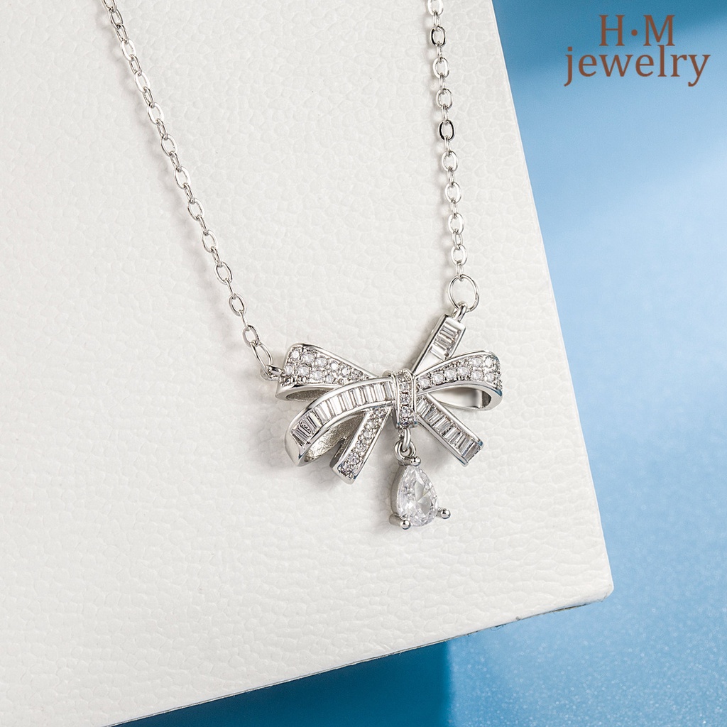 Kalung Rantai Dengan Liontin Pita Aksen Berlian Imitasi AAA Untuk Wanita