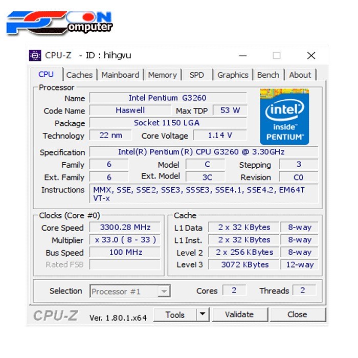 Intel Pentium G3260 Processor Soket LGA 1150 + FAN INTEL