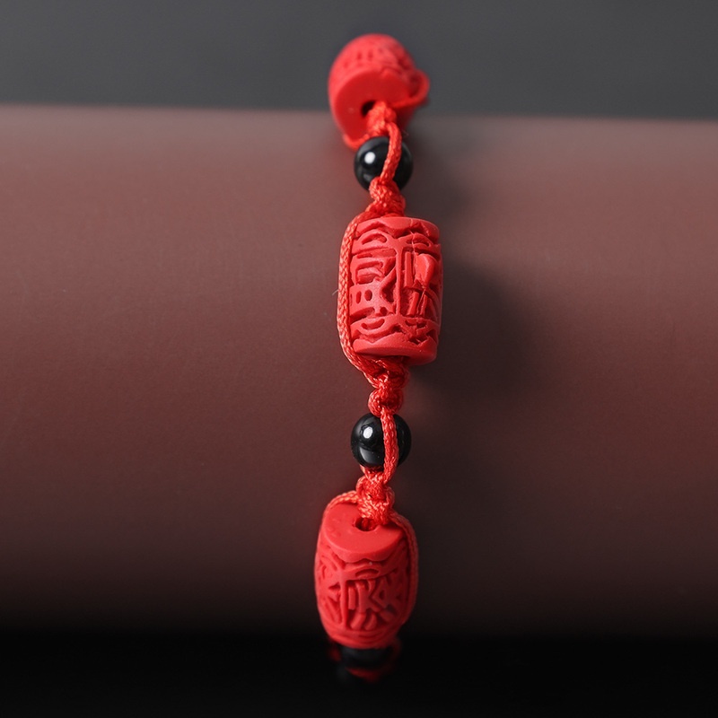 Vintage National Style Rose Carved Handmade Weave Bangle/ Exquisite Red Rope Beaded Craft Bracelet