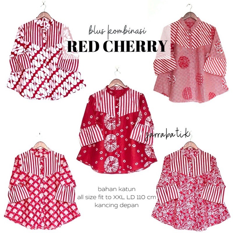 Blus Kombinasi Red Cherry Merah Delima Batik Warna Jumbo Atasan Kerja Kantoran Blouse Kondangan