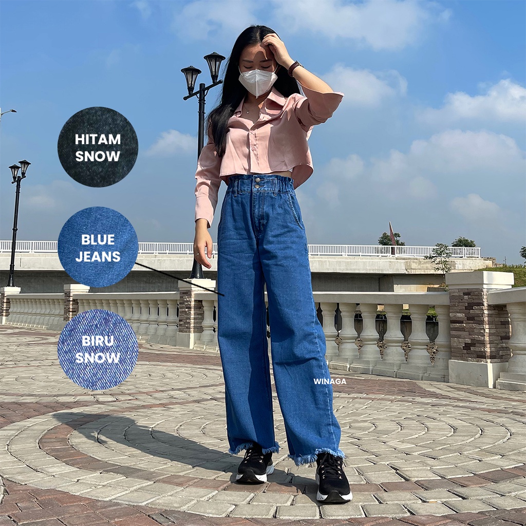WINAGA- HighWaist Kulot Jeans Rawis Unfinished Pinggang Karet Kancing 2