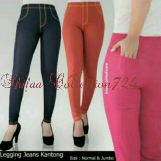 Legging Denim  / Legging Murah / Leging Jumbo / Celana Legging Panjang Model Kantong (BB 50-65 Kg / Standar)