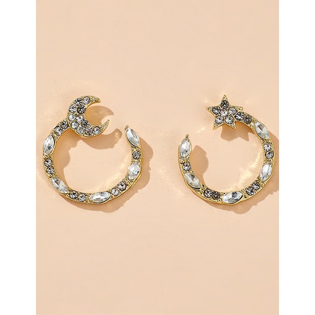 LRC Anting Tusuk Fashion Pentagram Moon Diamond Round Crystal Heart Pearl Earrings K44581