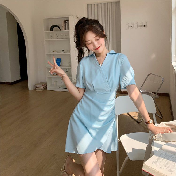 [littlecrab] Dress Wanita French Style Hitam Putih Biru Langit Dress V Neck Simple Elegan Casual Berkerah Dress Polos Dress Jalan Soft Color Dress Pesta Dress Pendek High Quality Dress Berkualitas Korean Style