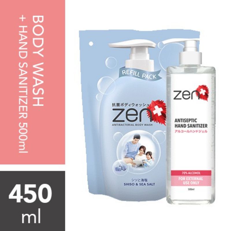 Zen Body Wash Refill 450 ml + Hand Sanitizer 500 mL TURUN HARGA !! Paket Hemat