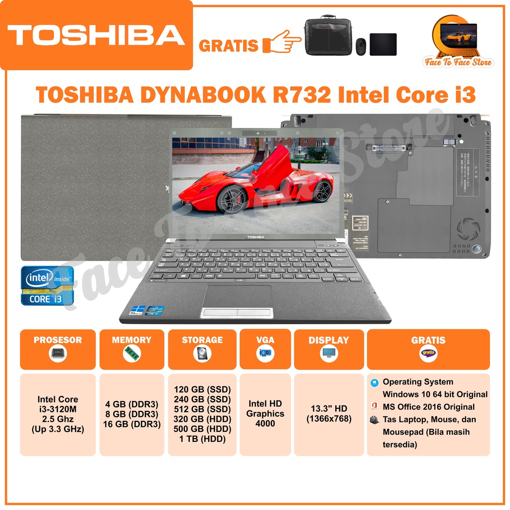 Laptop Terlaris.Toshiba Dynabook R732.Intel Core i3 Generation3.Ram 4GB/8GB/16GB.HDD 320GB/500GB/1TB