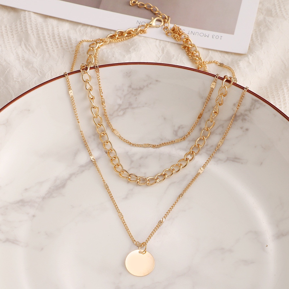 【COD Tangding】Retro Cuban Choker Multi Layer Exquisite Chain Necklace Women Simple Round Metal Pendant