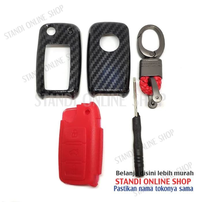 Cover Flip Key Sarung Kunci VW Polo Golf Tiguan Carbon Merah